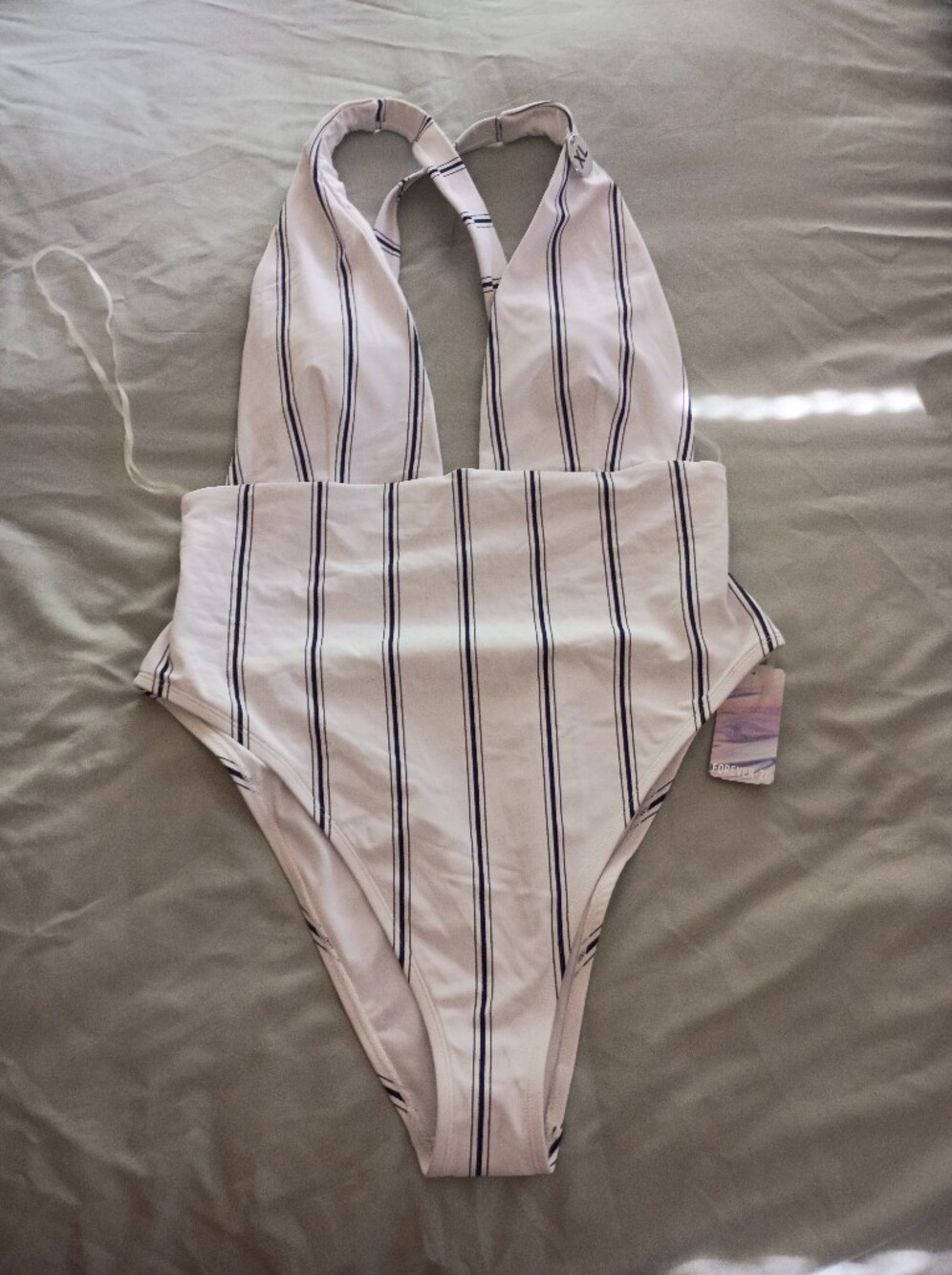 Forever 21 White One-Piece Swimsuit with Navy Stripes